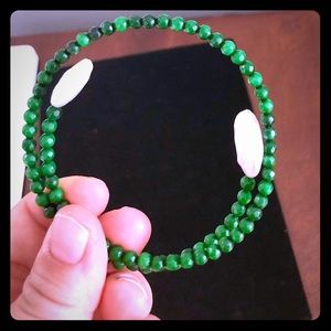 Green Gemstone Coil Bangle Bracelet with Pearls